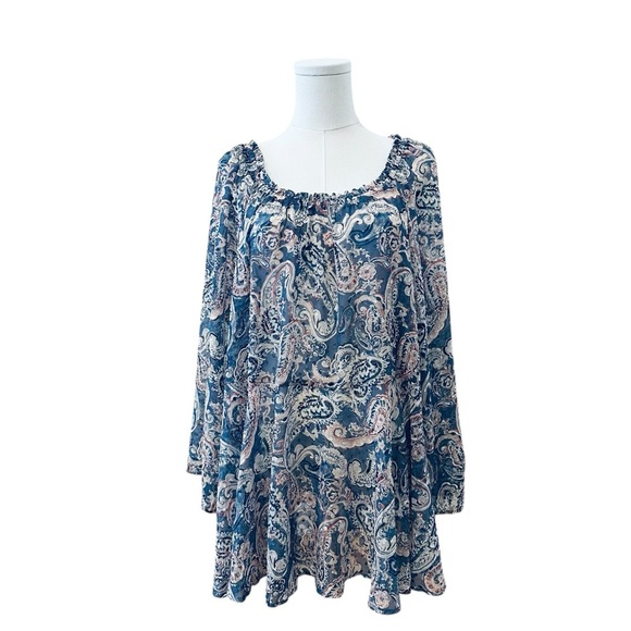 Women's 22/24W Sheer Pasiley Chiffon Blue Babydoll Flare Sleeve Plus Soft Blouse - Picture 1 of 5